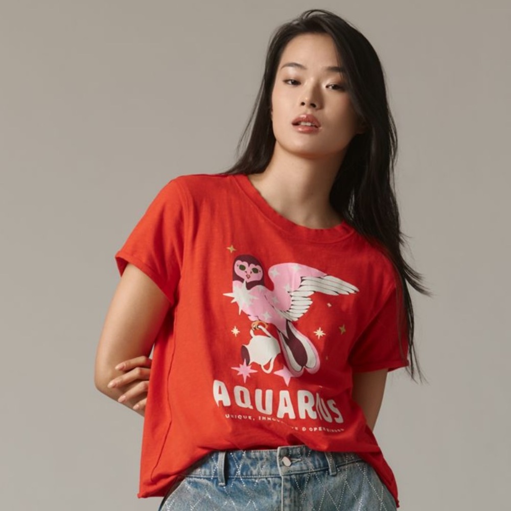 Anthropologie Zodiac Bright Red Graphic Tee Aquarius